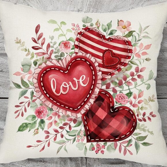 Valentines Day Throw Pillow Cover Decorative Accent Case Floral Heart Decor 20" - Picture 2 of 5